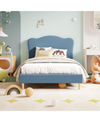 Bed Frame for Kids, Upholstered Platform Bed with Cute Boucle Velvet Headboard for Girls, No Box Spring Needed, Easy Assembly - Twin