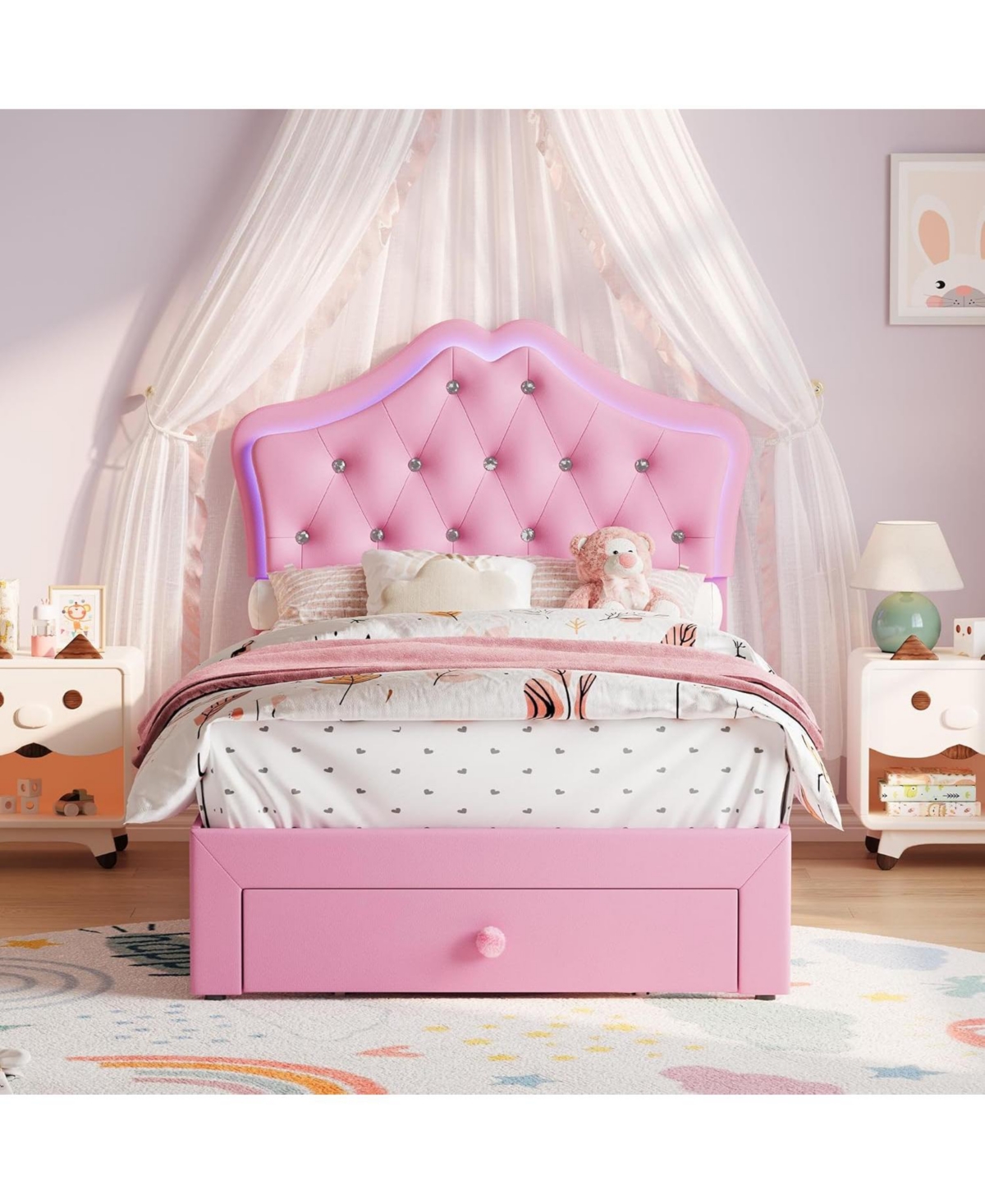 gaomon Twin Velvet Upholstered Platform Bed with Led Lights, Crystal Button Headboard, Storage Drawer, Noise-Free, No Box Spring Needed
