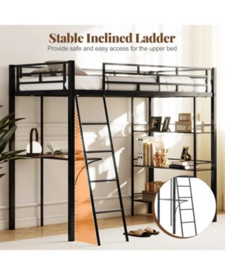 Twin Size Loft Bed w/ Desk & Shelves Inclined Ladder & Full-length Guardrails