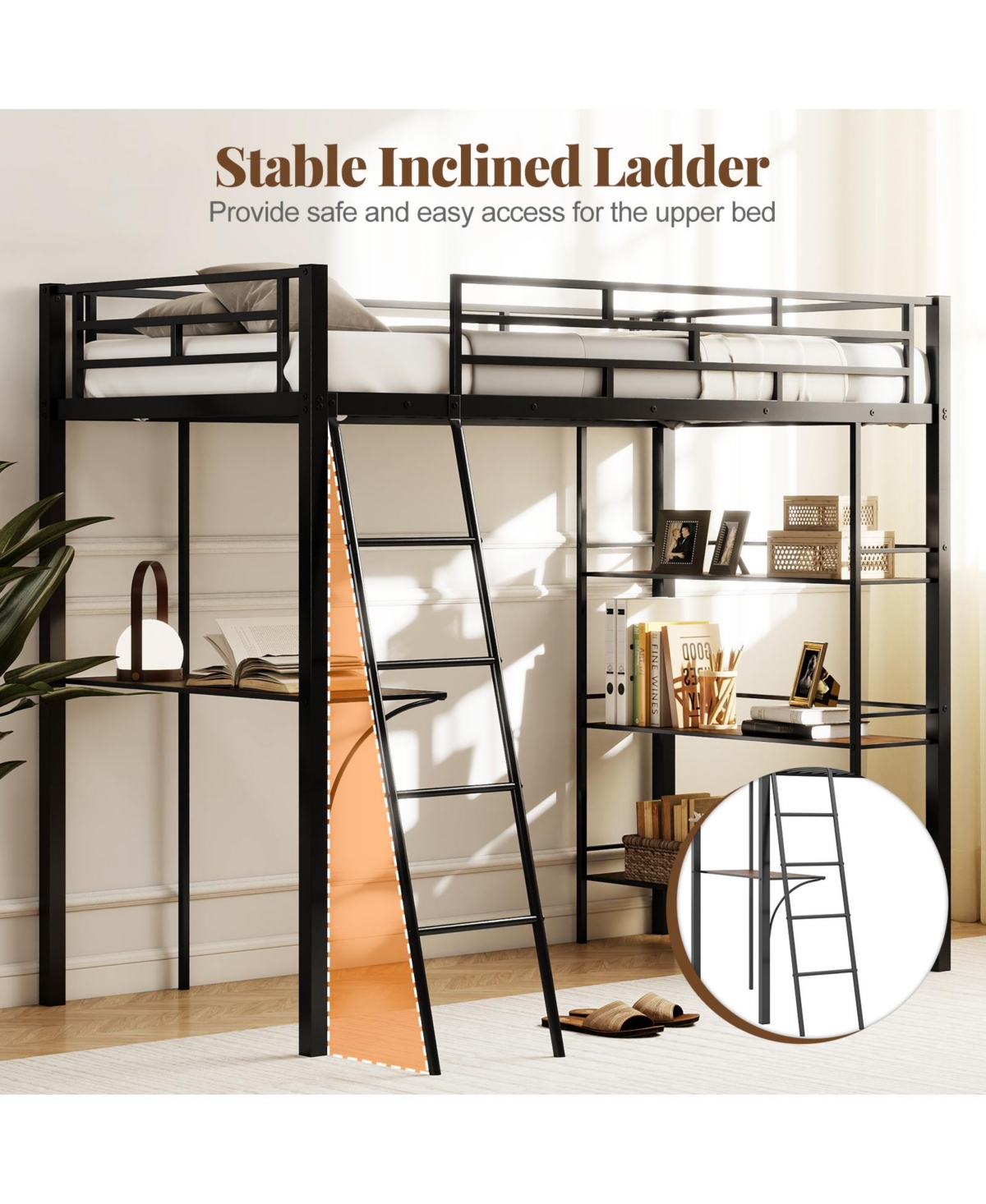 Gymax Twin Size Loft Bed w/ Desk & Shelves Inclined Ladder & Full-length Guardrails