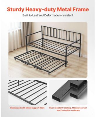 Metal Pull-Out Trundle, LED Lights, Charging Station, Adjustable Backrest Daybed Frame