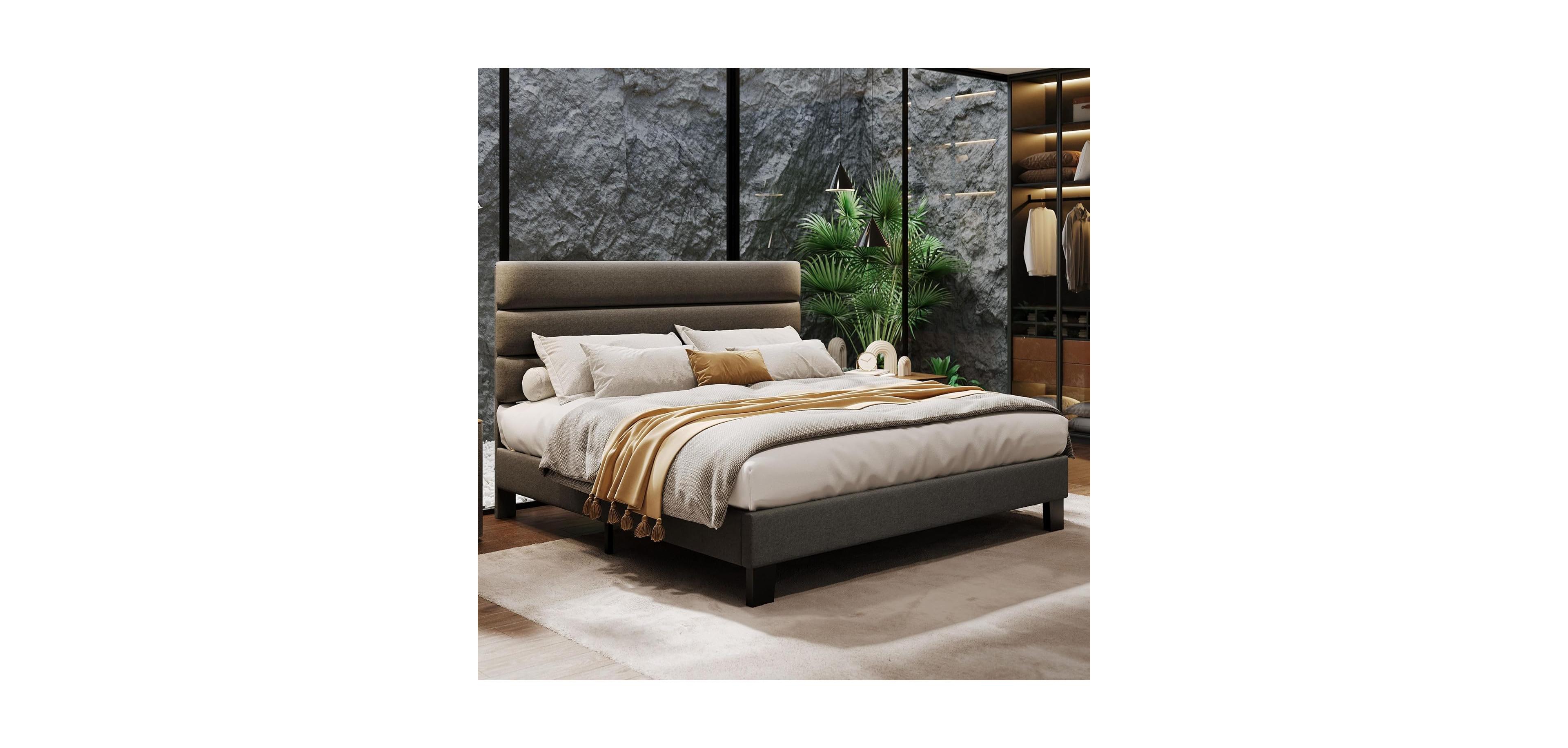 gaomon King Size Platform Bed Frame with Adjustable Headboard, Linen Upholstery, Wood Slats, No Box Spring Needed