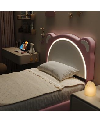 Upholstered Twin XL Platform Bed Frame with Adjustable Headboard, Drawer, LED Light, Wood Slats – Kids Bed