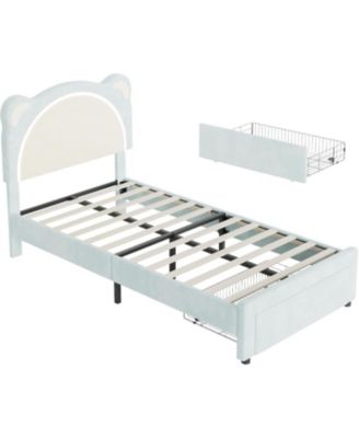 Twin Kids Upholstered Platform Bed Frame with Adjustable Headboard, Drawer, LED Light, Wood Slats, No Box Spring