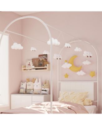 Twin Size Canopy Bed Frame with Upholstered Headboard, Underbed Storage, Decorative Arched Metal, White