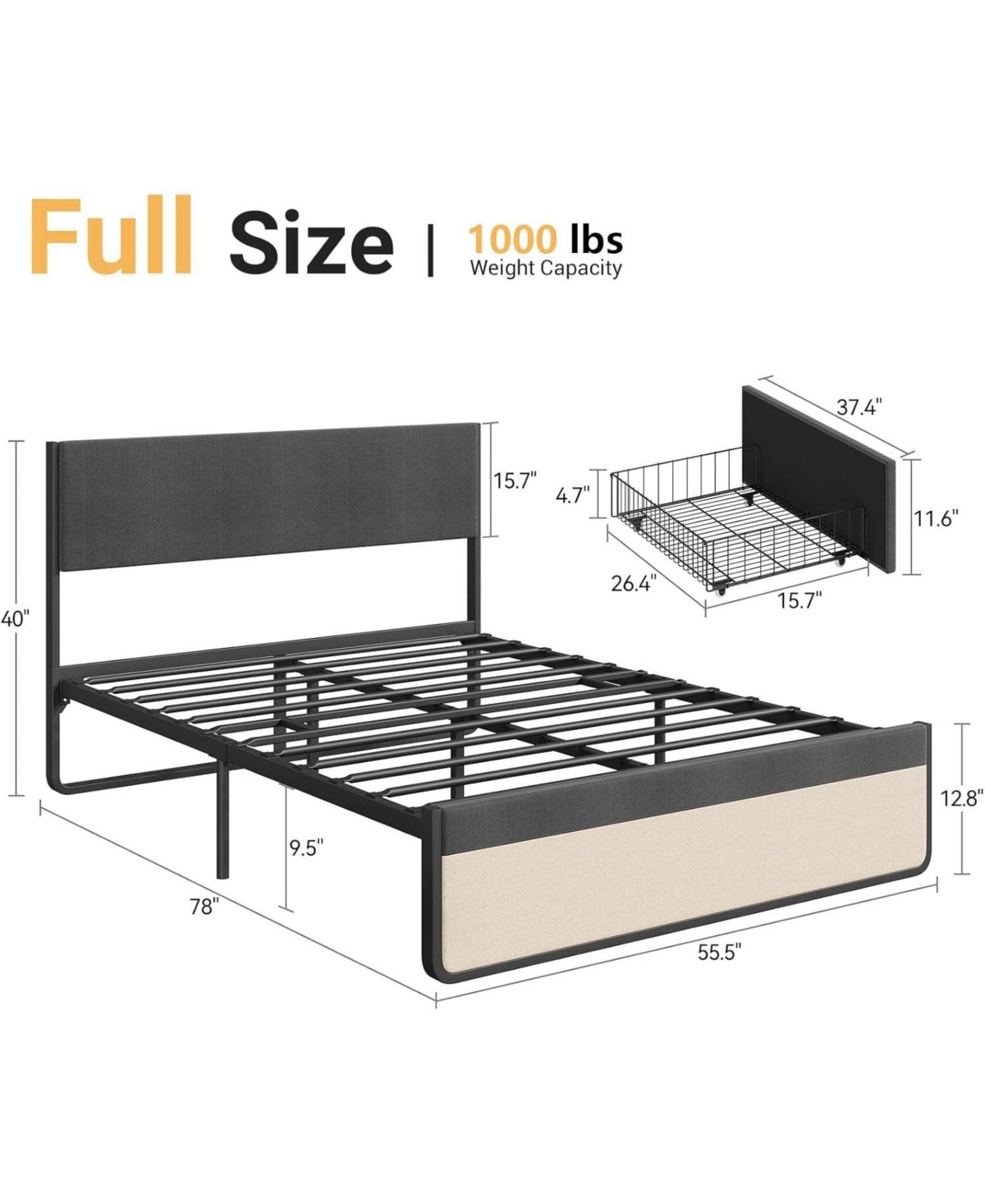 gaomon Full Upholstered Bed Frame with Headboard 2 Storage Drawers Metal Slats No Box Spring Noise Free
