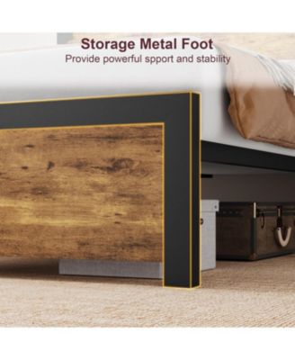 Queen Size Bed Frame with Wooden Headboard Platform Design Underbed Storage Metal Legs Rustic Brown