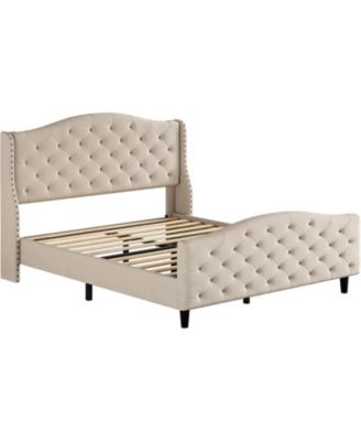 Queen Size Platform Bed Frame with Wingback Velvet Headboard Nailhead Trim Wooden Slats