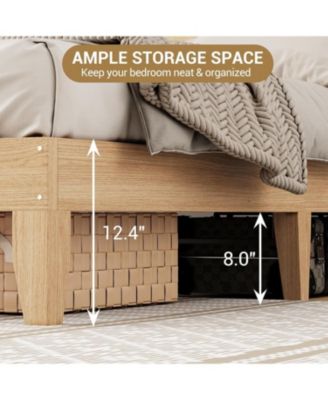 Full Size Solid Wood & Rattan RGB LED Platform Bed Frame with Underbed Storage