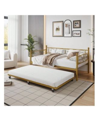 Twin Daybed with Trundle Metal Sofa Bed Heavy Duty Slats Space Saving Guest Room Gold