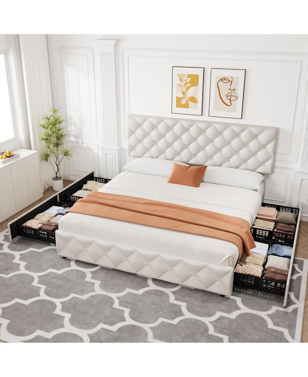 gaomon King Size Platform Bed Frame Adjustable Headboard 4 Drawers Modern Grey Upholstered with Footboard Wood Slats