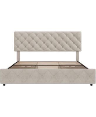 Full Size Platform Bed Frame Adjustable Headboard 4 Drawers Modern Grey Upholstered with Footboard Wood Slats