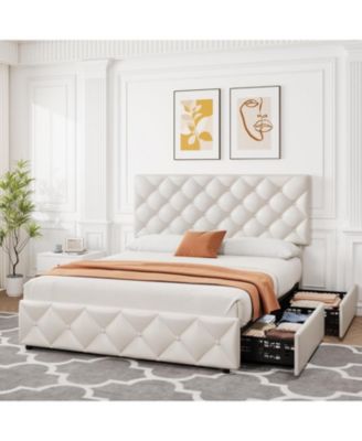 Full Size Upholstered Platform Bed Frame with 4 Storage Drawers and Adjustable Faux Leather Button-Tufted Headboard