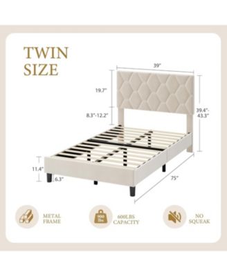 Twin Upholstered Bed Frame Heavy Duty Platform Upholstered Headboard Strong Wood Slats No Box Spring Beige