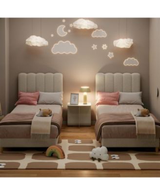 Twin Bed Frame Boucle Upholstered Wave Headboard Girls Kids Wooden Slats No Box Spring Needed Beige