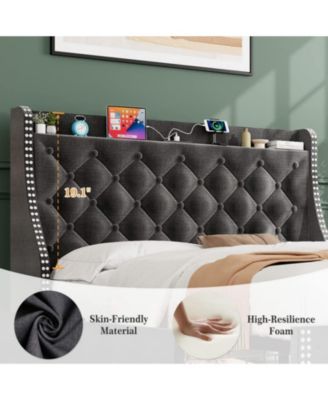 Full Bed Frame Gray Upholstered 4 Storage Drawers Wingback Headboard Charging Station Button Tufted