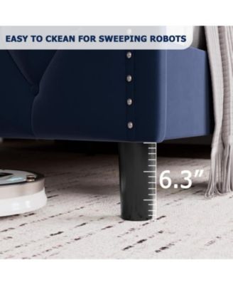 Full Bed Frame Blue Upholstered 4 Storage Drawers Wingback Headboard Charging Station Button Tufted