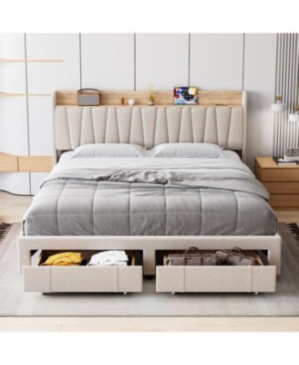 Upholstered Bed Frame Storage Headboard Platform Drawers Charging Station Noise Free No Box Spring Beige