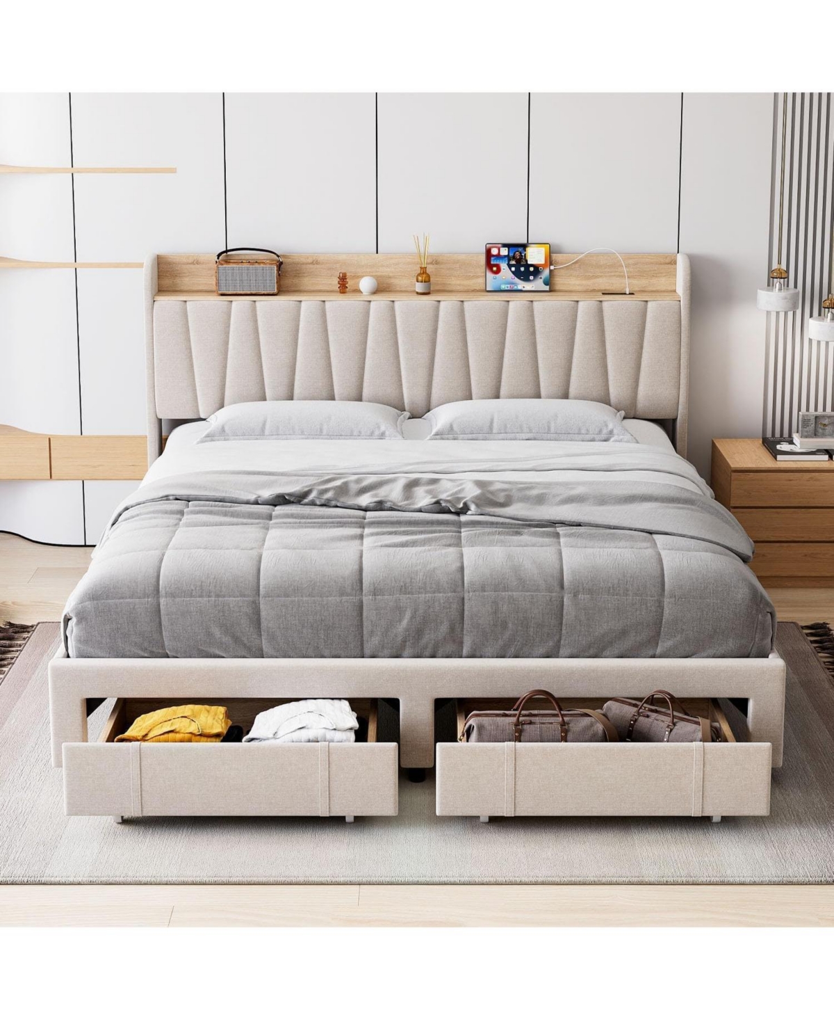 Upholstered Bed Frame Storage Headboard Platform Drawers Charging Station Noise Free No Box Spring Beige