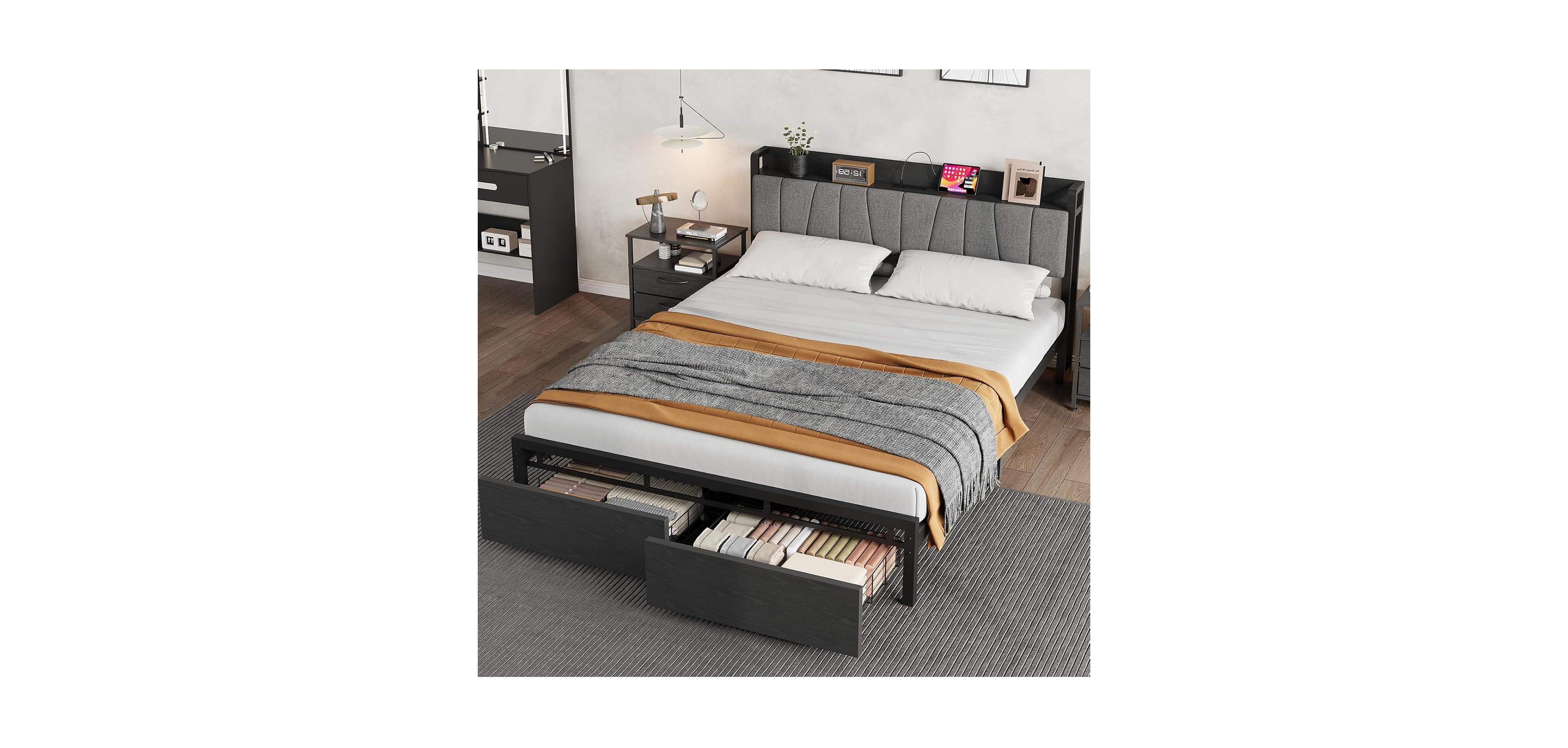 Gaomon Full Size Upholstered Platform Bed Frame with Storage Drawers, Mesh Drawers, Charging Station & Metal Slats