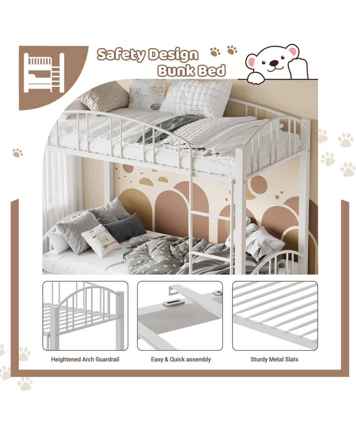 Gaomon Twin Over Twin Metal Bunk Bed, Heavy Duty Frame w/ Ladder & Guardrail, Space-Saving, No Box Spring, White