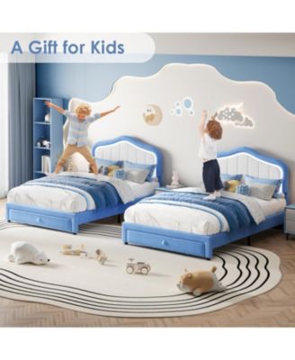 Full Size Upholstered LED Bed Frame with Storage Drawer Velvet Platform for Kids Wooden Slats No Box Spring Blue