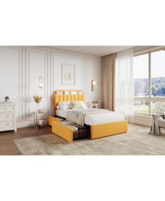 Full Size Boucle Upholstered Platform Bed Frame with Bookcase Headboard 2 Drawers for Boys Yellow No Box Spring