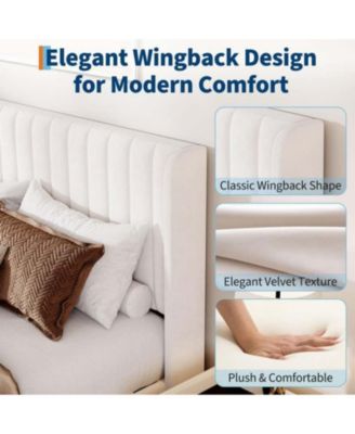 Queen Size White Velvet Platform Bed Frame Channel Tufted Wingback Headboard Upholstered Wood Slats No Box Spring