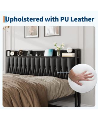 Queen Size Black Faux Leather Upholstered Platform Bed Frame with Storage Headboard Charging Station USB Ports Outlets