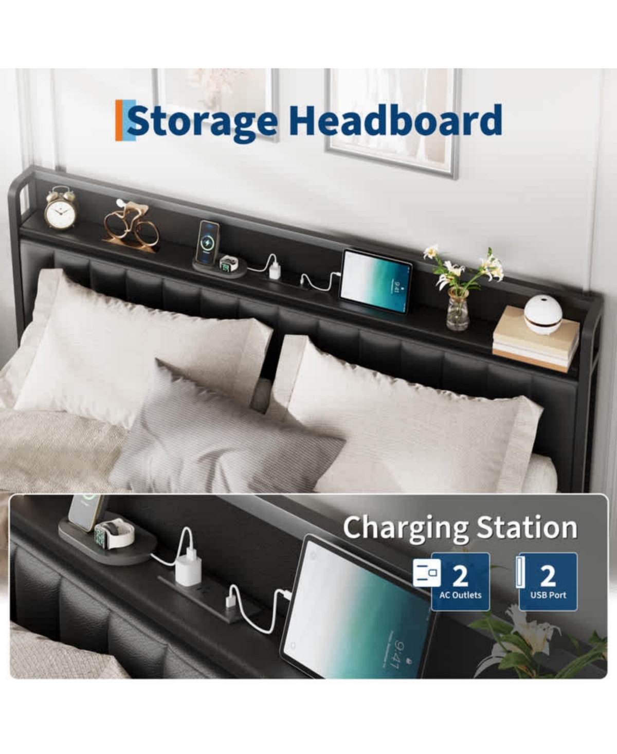 gaomon King Size Black Faux Leather Upholstered Platform Bed Frame with Storage Headboard Charging Station Usb Ports Outlets