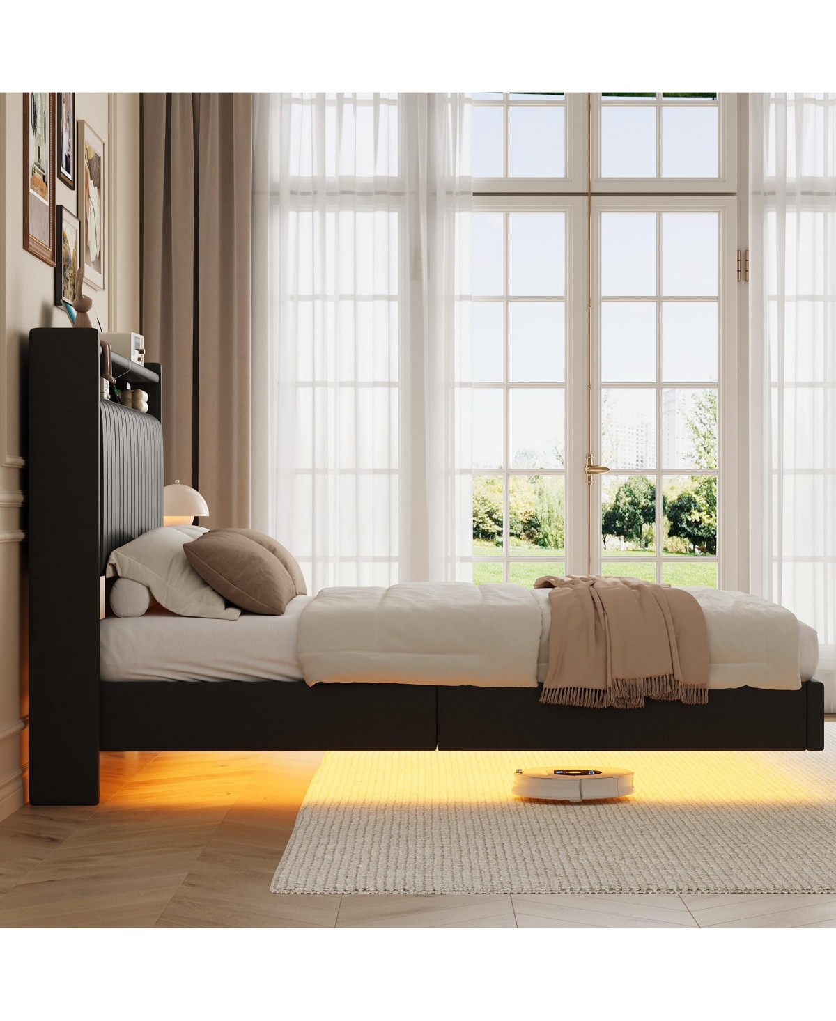 Gaomon Floating Bed Frame with Rgb Led Lights & Charging Station