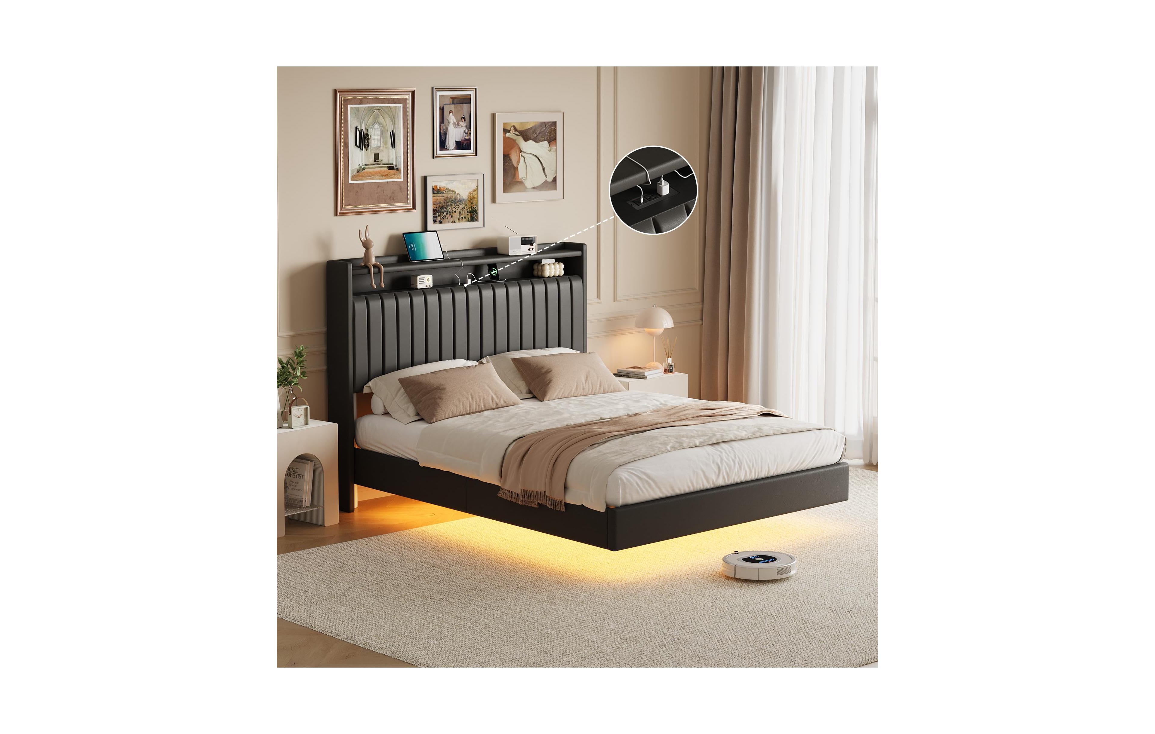 Gaomon Floating Bed Frame with Rgb Led Lights & Charging Station