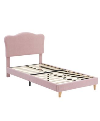 Twin Size Bed Frame for Kids with Scallop Headboard, Cute Velvet Twin Bed for Girls, Boys, Sturdy Platform Bed
