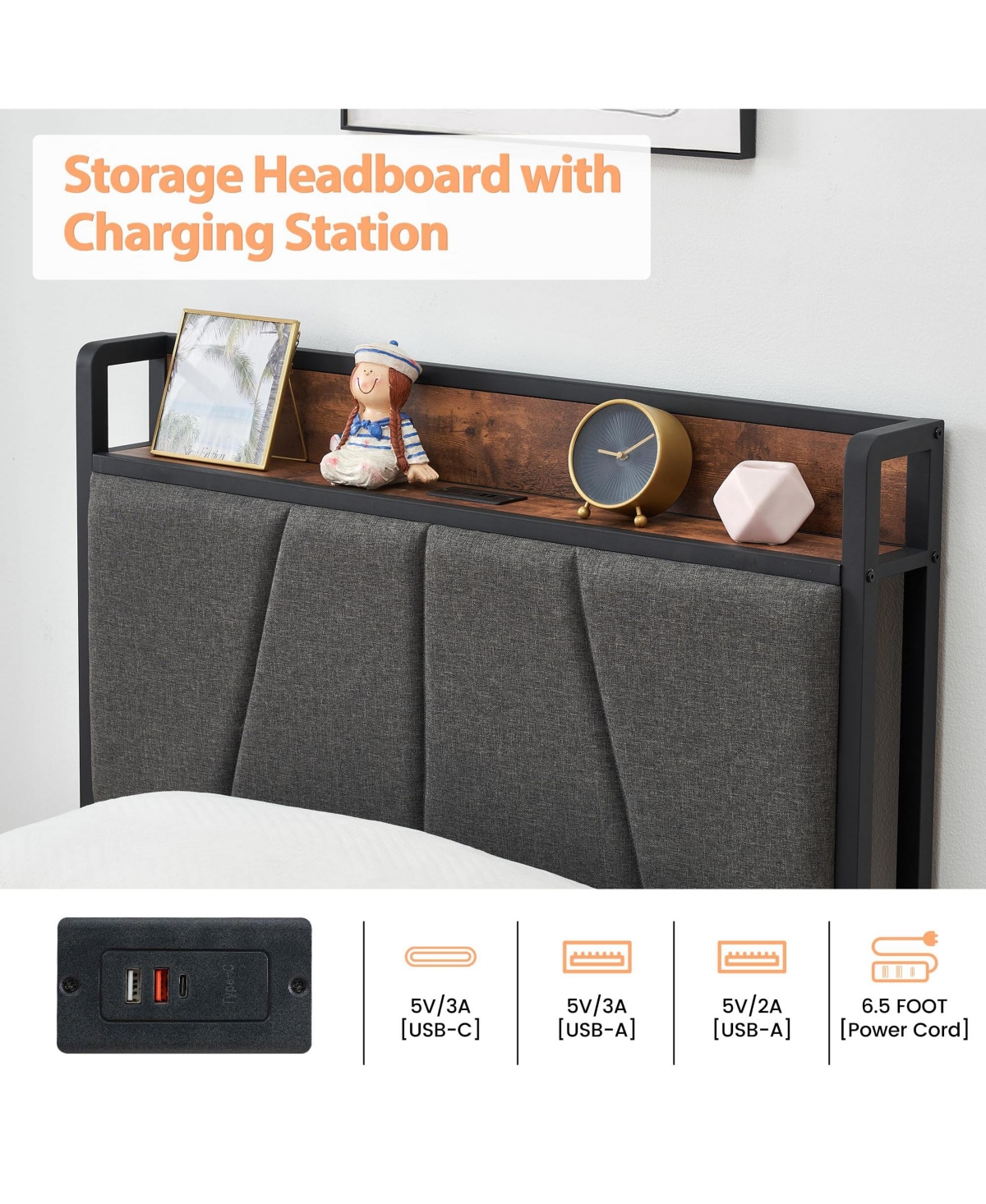 gaomon Twin Size Bed Frame with 2 Storage Drawers and Charging Station, Rustic Linen Upholstered Platform Bedframe