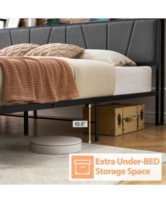 King Size Bed Frame with 2 Storage Drawers and Charging Station, Rustic Linen Upholstered Platform Bedframe