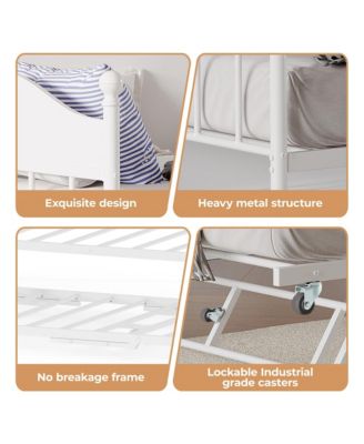 Daybed with Trundle, Metal Twin Size Day Bed with Stylish Headboard, Sofa Bed Frame with Pop Up Foldable Trundle Bed