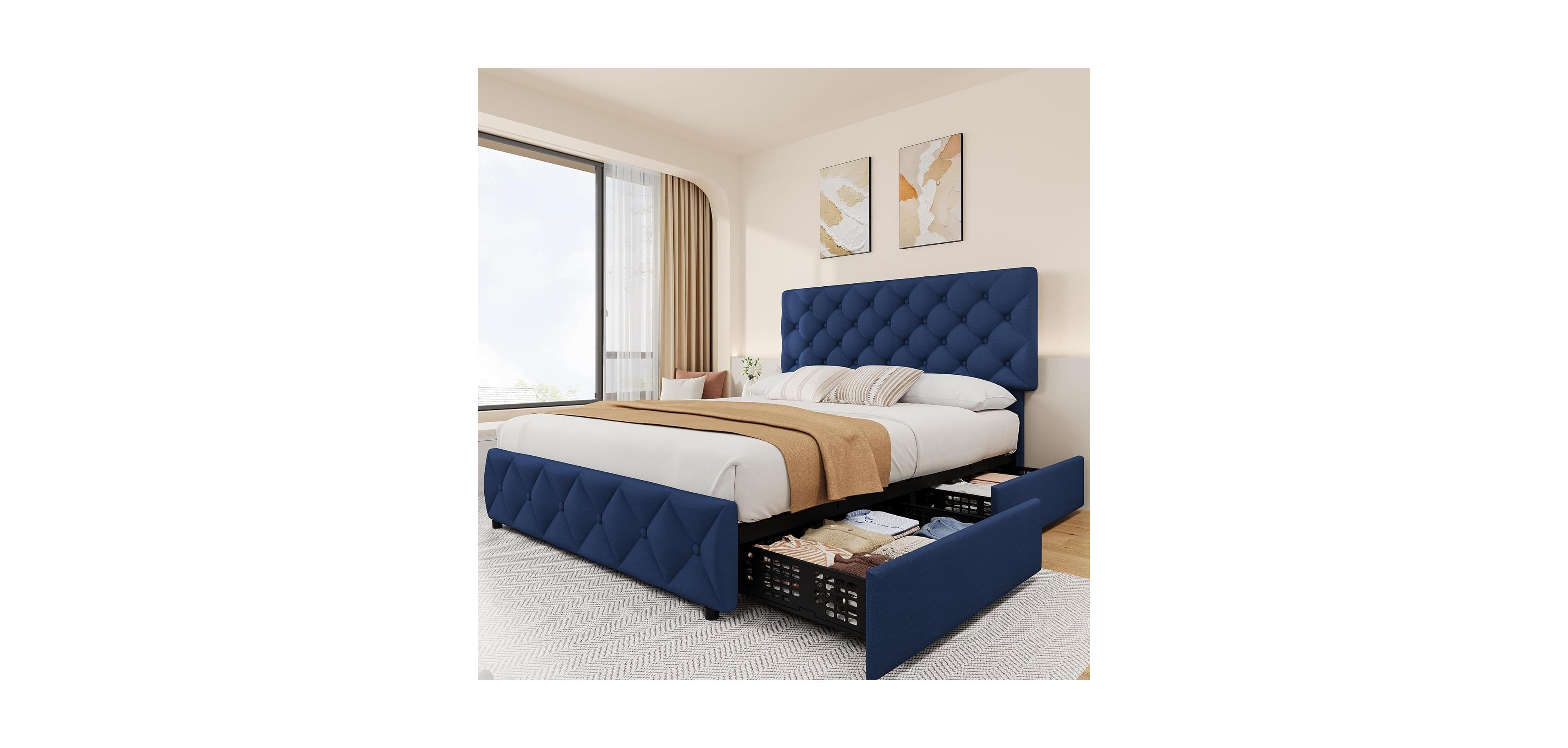 gaomon Full Bed Frame with 4 Storage Drawers and Headboard, Linen Upholstered Platform Bed Frame with Wooden Slats Support