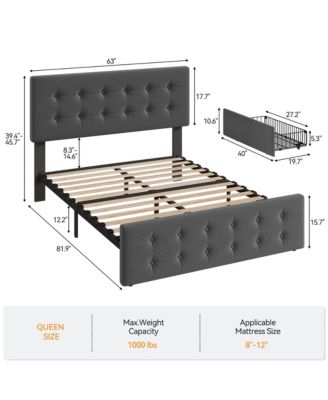 Queen Bed Frame with Headboard and 4 Storage Drawers, Platform Bed Frame Square Stitched Button Tufted