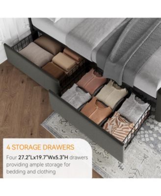 Full Bed Frame with Headboard and 4 Storage Drawers, Platform Bed Frame Square Stitched Button Tufted