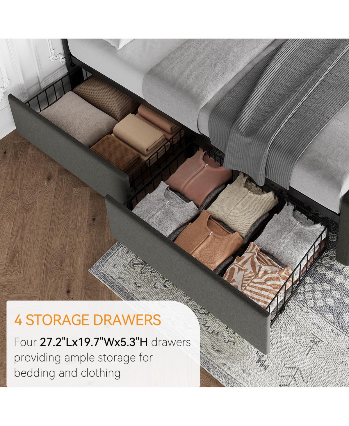 Full Bed Frame with Headboard and 4 Storage Drawers, Platform Bed Frame Square Stitched Button Tufted