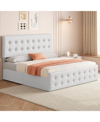 King Bed Frame with Headboard and 4 Storage Drawers, Platform Bed Frame Square Stitched Button Tufted
