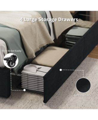 King Size Bed Frame with 4 Storage Drawers, Platform King Bed Frame with Upholstered Channel Tufted Wingback Headboard