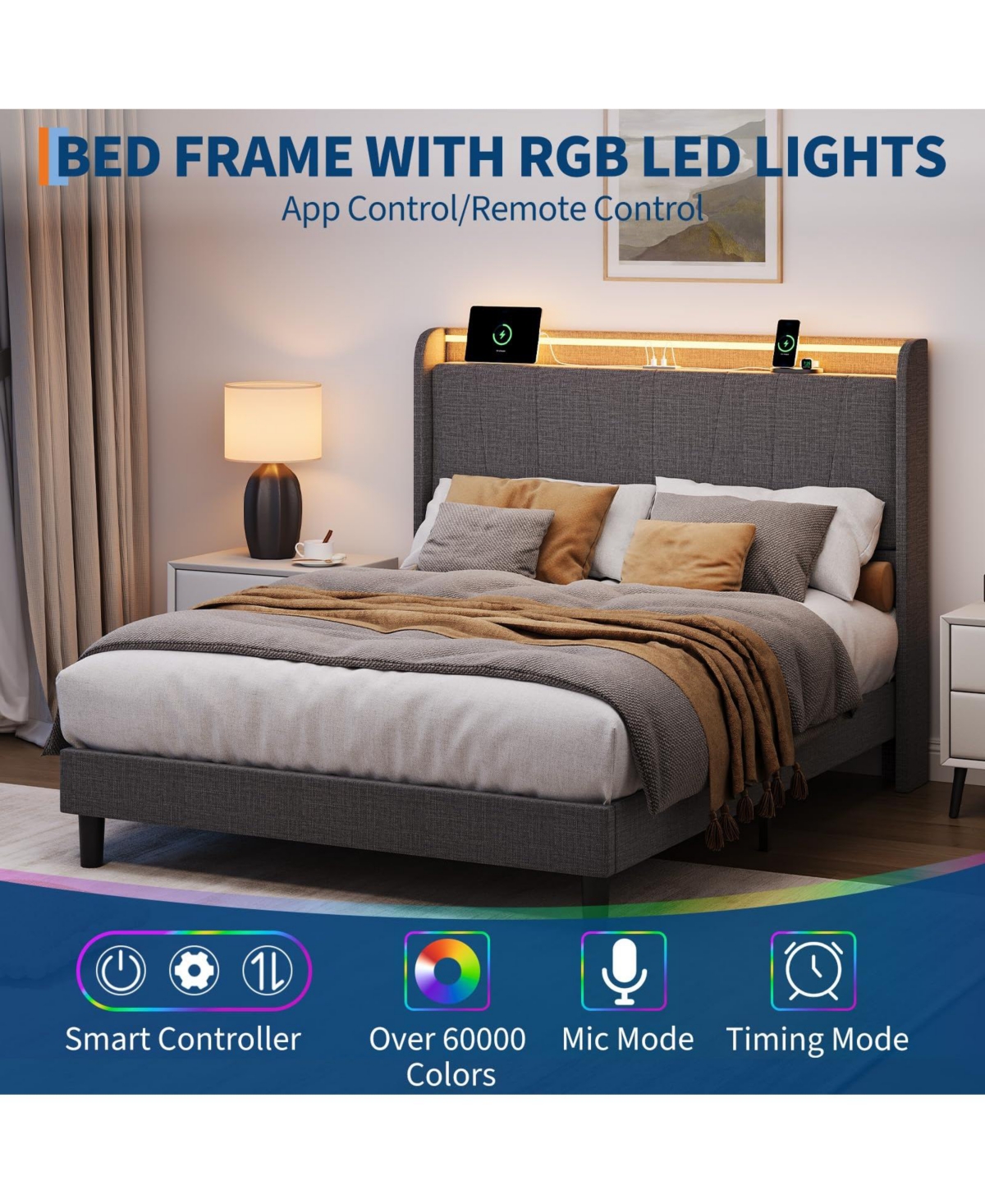gaomon Full Size Bed Frame with Charging Station and Led Lights, Modern Platform Bed with Slats
