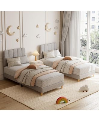 Twin Bed Frame, Boucle Upholstered Platform Bed with Wave Headboard for Girls/Kids, Easy Assembly, Wooden Slats Support