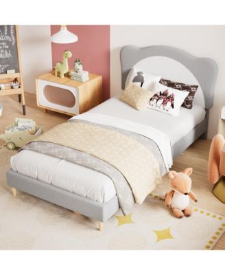 Twin Size Velvet Upholstered Bed Frame for Kids with Adjustable Scallop Headboard Chic Princess Design Platform Bed Frame