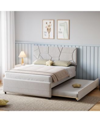 Trundle Bed, Full Size Upholstered Platform Bed Frame, Pull Out Bed with Headboard, Wood Slat Support