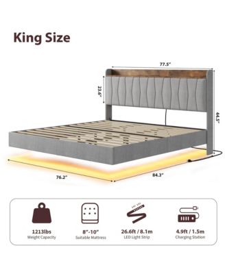 King Floating Bed Frame with LED Lights & Charging Station, Upholstered Platform Bed with Storage Headboard