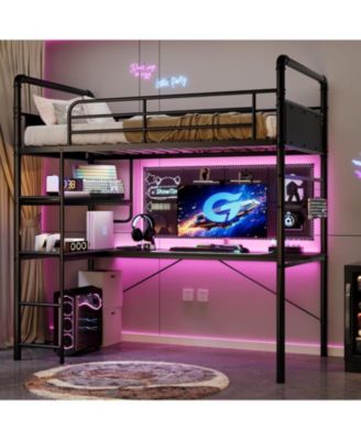 Twin Loft Bed with L-Shaped Desk & Storage Shelf, Heavy Duty Metal Frame for Adults, Space Saving Design, Black Finish