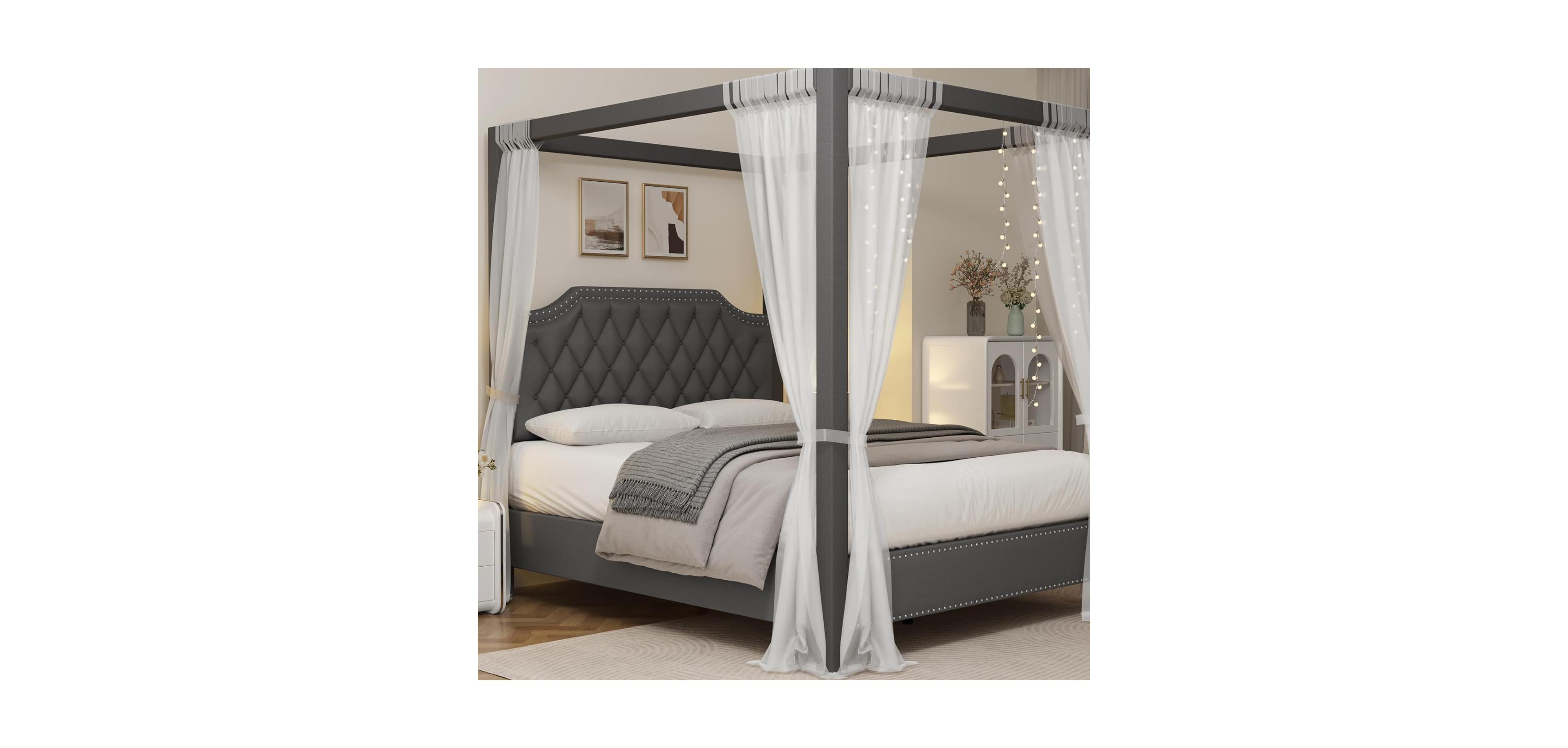 gaomon Upholstered Canopy Bed Frame Full Size with Headboard,Button Tufted, Nailhead Trim Design,No Box Spring Required