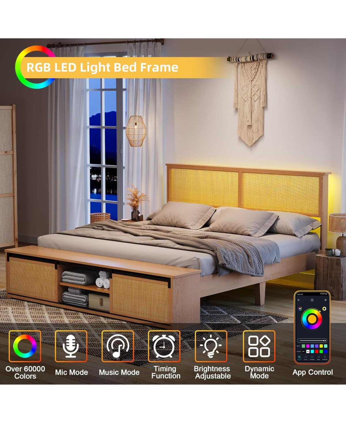 gaomon Full Rattan Platform Bed with Sliding Barn Door Cabinets & Led Headboard, Boho Farmhouse Design, Solid Wood Legs, No Box Spring Needed